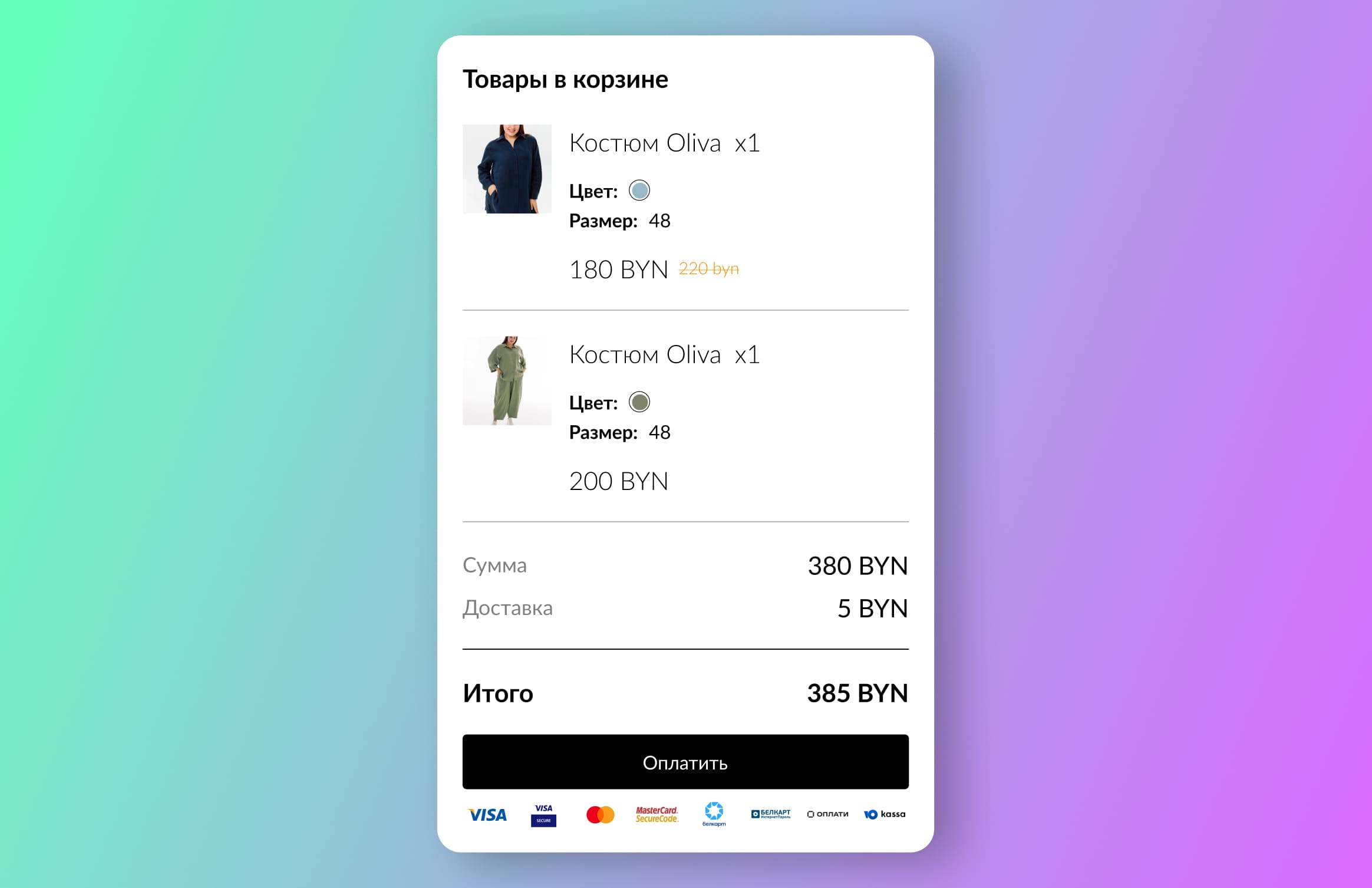 Пример корзины товаров 