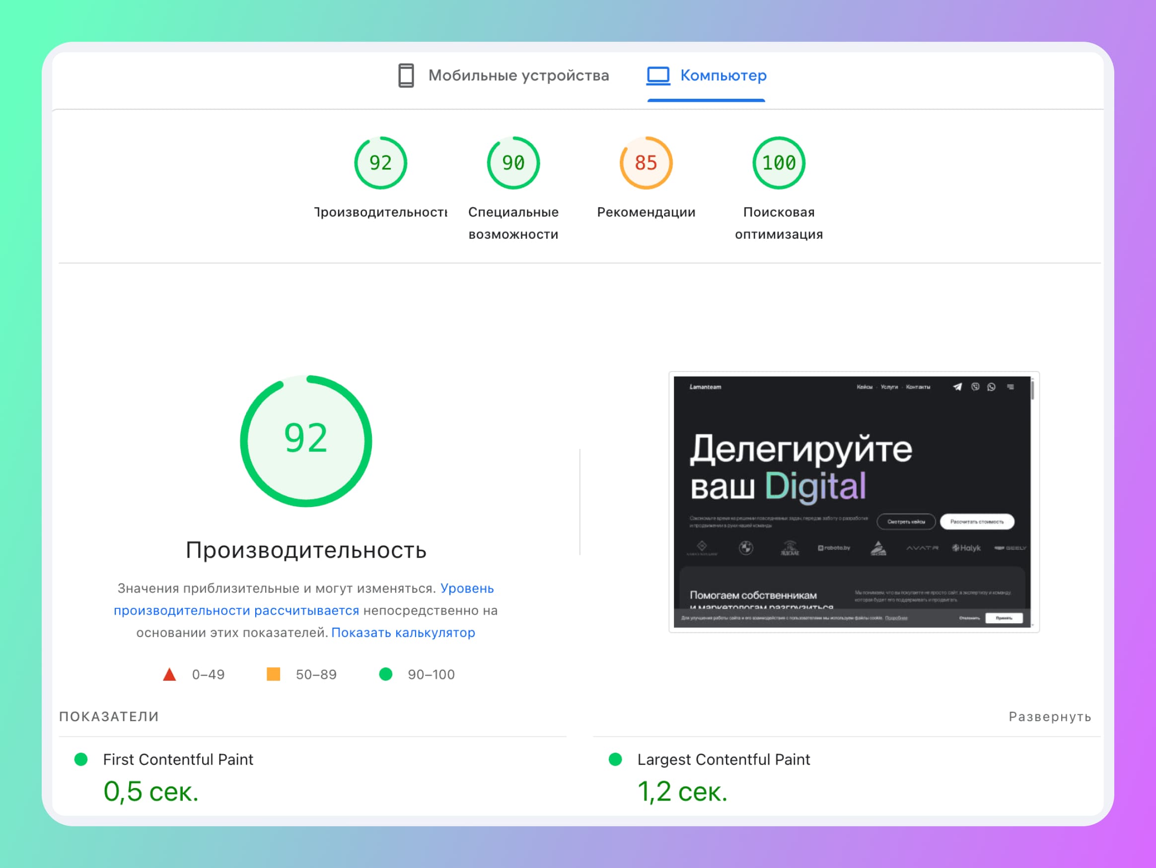 Тест google page speed для сайта lamanteam.by